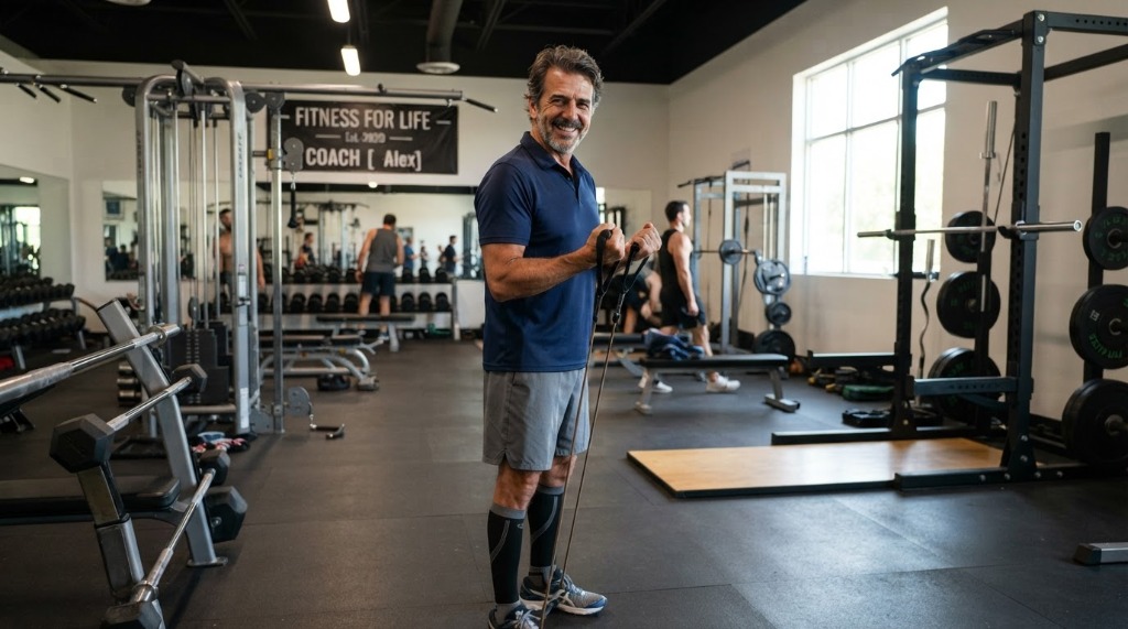 Fitness Coach Alex (65 Jahre) im Fitnessstudio